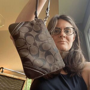 COACH Brown Signature Top Handle Leather Canvas Small Wristlet Purse Bag Pre-Own